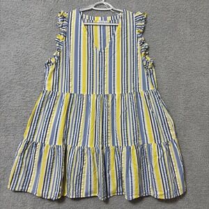Cotton Rayon Tiered Mini Dress XL Striped Ruffle Sleeve Summer Casual
